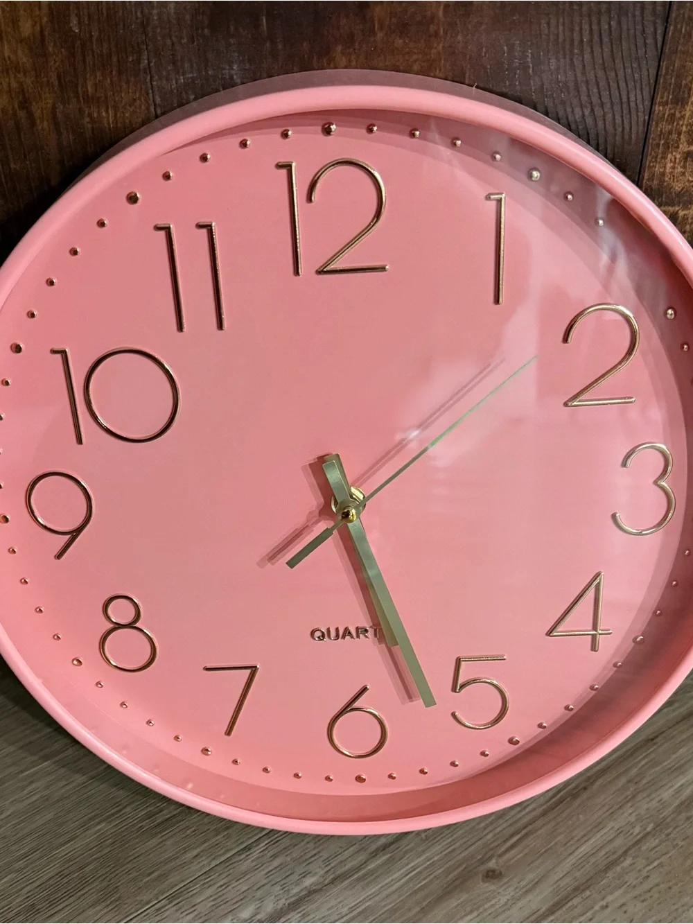 Pink Wall Clock with Gold Numerals and Hands - Quartz